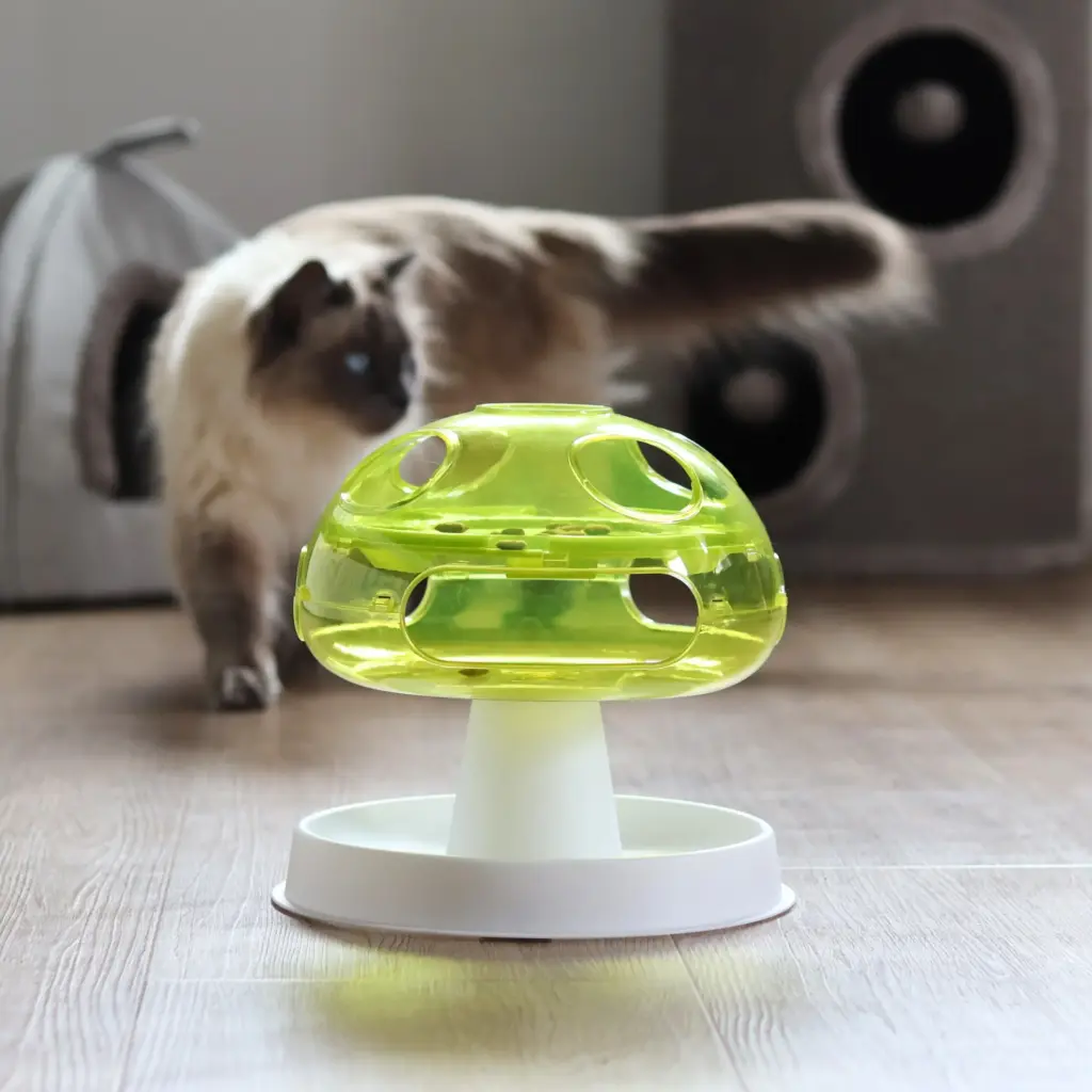 Futterspielzeug mit einer Katze im Hintergrund