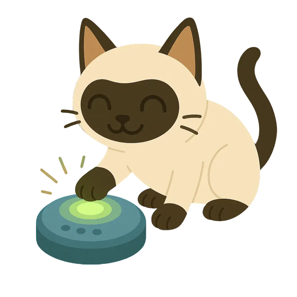 Weiße Katze spielt mit einem interaktivem Katzenspielzeug, dass auf Interaktionen reagiert