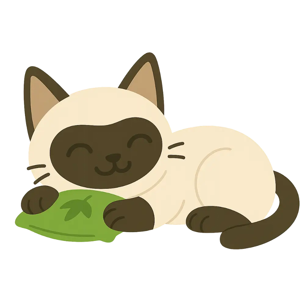 Illustration einer Katze, die mit einem Katzenminzekissen schmust